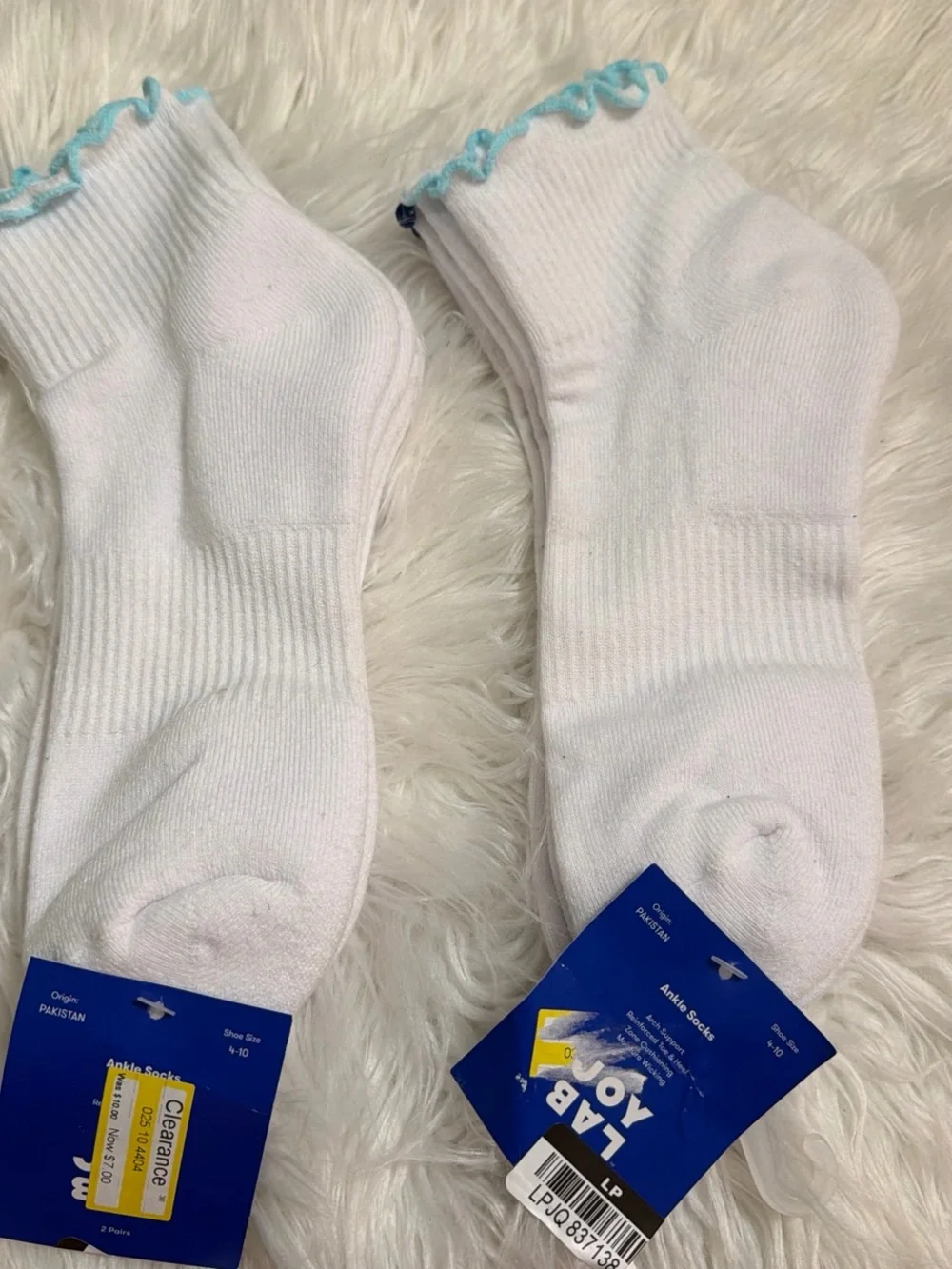 JoyLab White Ankle Socks with Navy Ruffle Trim